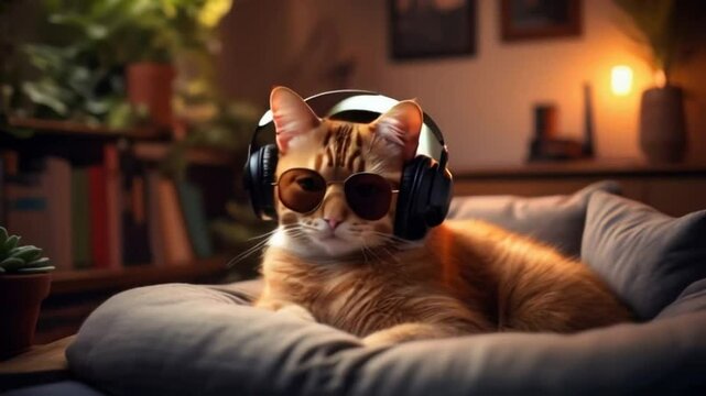 A chill orange cat wearing large headphones and sunglasses, enjoying relaxing music, perfect for cat day