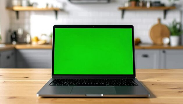 Laptop with green screen on kitchen counter offers digital opportunity