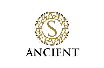 Elegant logo design featuring the letter S within an ornate circular frame.  Ancient and classic style mandala. Vector illustration.