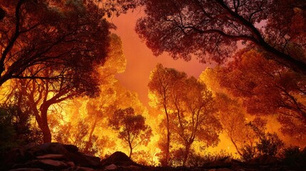 Naklejka premium Fiery Autumn Forest Scene with Trees Glowing in Vibrant Orange and Red Amidst Smoke Atmospheric Nature Landscape Background