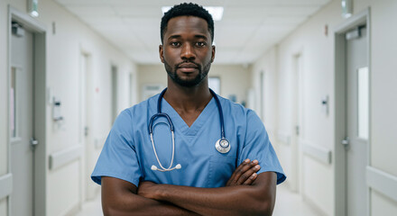 Confident Black Male Nurse in Hospital Corridor
