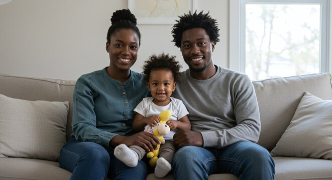 Happy African American Family Relaxing Together On Modern Couch
