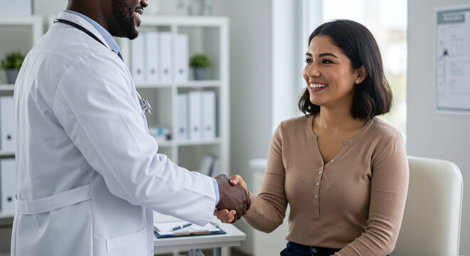 Friendly Interaction Between African American Male Doctor And Hispanic Female Patient