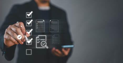 Smart document verification system showing virtual checklist interface. Businessman managing...