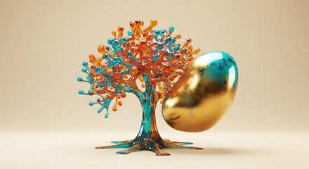 Obraz premium Abstract Vibrant Liquid Tree and Golden Sphere