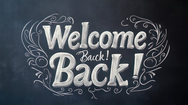 Welcome back message in white chalk with decorative swirls on a dark chalkboard background image