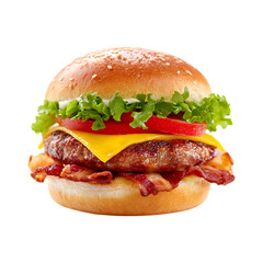 Delicious bacon cheeseburger with fresh lettuce and tomato on a sesame seed bun isolated on transparent background