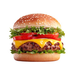 Juicy beef hamburger with melted cheddar cheese lettuce and tomato slices isolated on transparent background