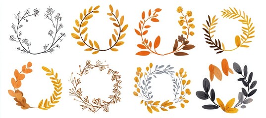 hand drawn hello autumn wreath made of colorful leaves, berries, branches, acorns and pumpkins