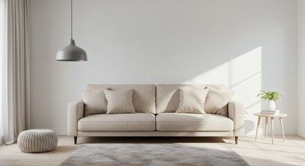 Naklejka premium Serene Living Beige Couch with Sunlit Wall, and Minimalist Interior.