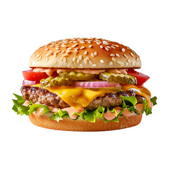 Juicy beef burger with melted cheddar cheese lettuce tomato onion pickles and sauce isolated on transparent background