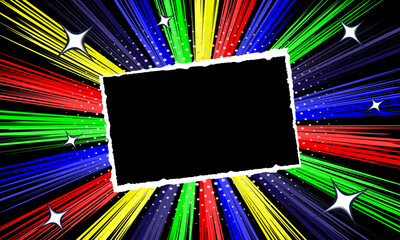 Pop art comic background with square torn paper, colorful shine burst and dot halftone effect. Comic book cartoon speech bubble for text. Cartoon colorful burst background for text template.