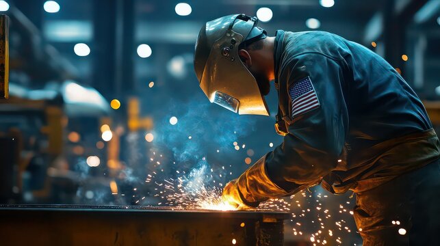 A welder working in a factory with sparks flying wearing a protective mask and american flag patch - Powered by Adobe