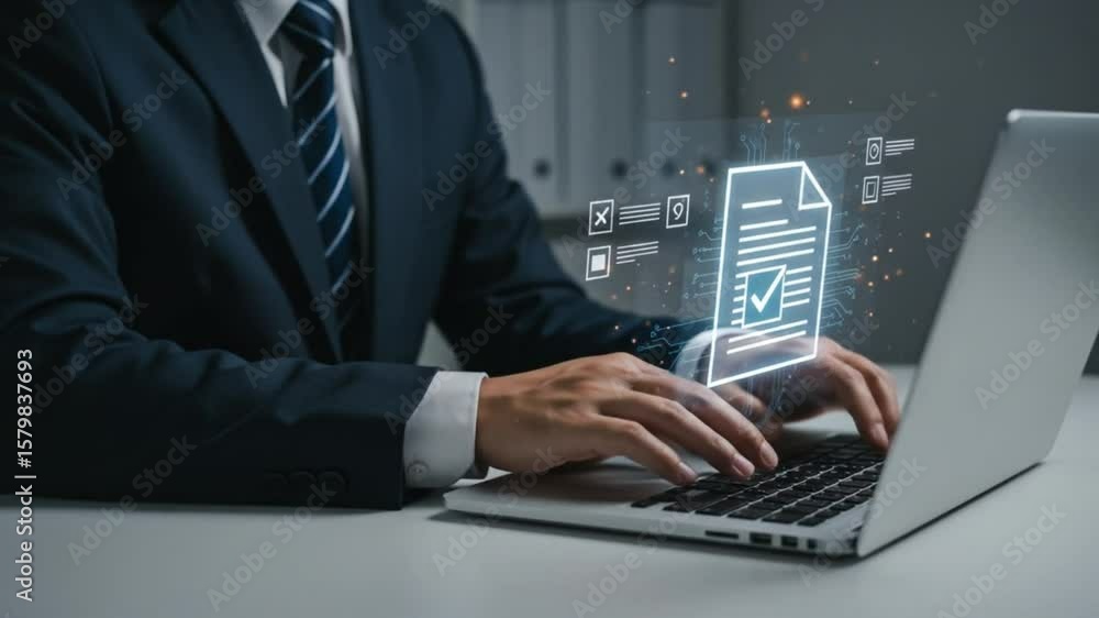 Poster a man in a suit types on a laptop with a digital document graphic overlaying the screen interface vi