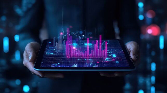 Person holding a tablet displaying a digital graph with blue and pink glowing highlights in the dark