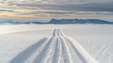Snow-covered landscape with mountain vista and tracks.