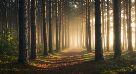 Obraz premium A serene forest trail with towering pine trees soft morning mist