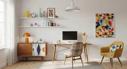 Bright modern home office with mid century furniture and colorful abstract art