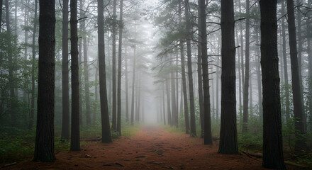 Obraz premium A serene forest trail with towering pine trees soft morning mist