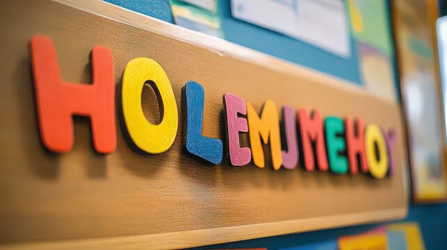 Close up of colorful foam letters spelling out a word on a bulletin board in a classroom setting