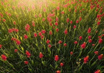 Obraz premium Vibrant Red Flowers in Lush Green Field at Sunset