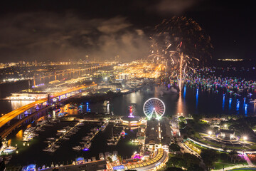 Miami Night Celebration with Fireworks Over Bayfront Park and Marina
