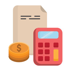 Vector illustration of a calculator, coins, and document. Represents accounting, budgeting, tax calculation, and financial management. Ideal for business, economy, tax, and office-related designs