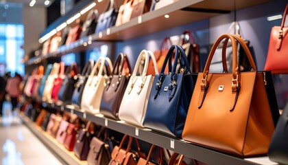 Colorful handbags displayed on shelves