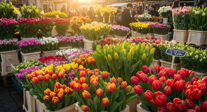 A vibrant flower market with colorful bouquets sunny morning light