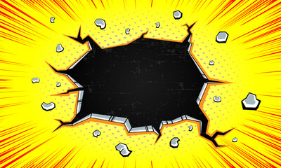 comic cartoon wall cracked hole on yellow, broken wall background illustration. cracked and perforated wall 