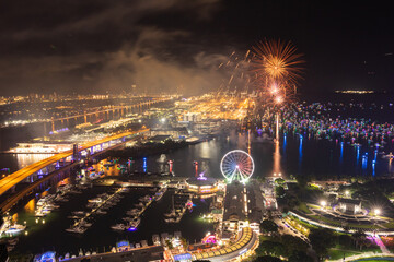 Miami Night Celebration with Fireworks Over Bayfront Park and Marina