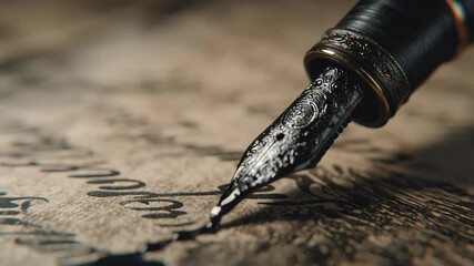 Beautiful fountain pen poised above fine parchment, showcasing ink drop just before writing in soft light - Powered by Adobe