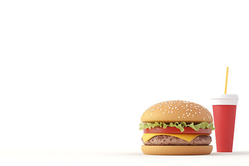 A delicious cheeseburger with fresh lettuce, tomato, and cheese next to a refreshing drink on a white background