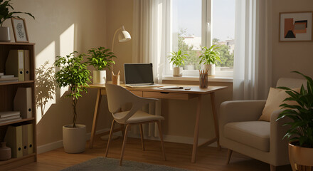 Fototapeta premium A cozy home office with a laptop and plants natural sunlight streaming