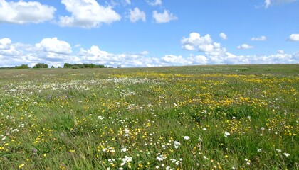 広々とした草原に色とりどりの野花が咲き誇り、澄み渡る青空の下で柔らかな風が花びらを優しく揺らす穏やかで爽やかな自然の風景

