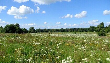 広々とした草原に色とりどりの野花が咲き誇り、澄み渡る青空の下で柔らかな風が花びらを優しく揺らす穏やかで爽やかな自然の風景

