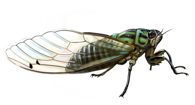 Detailed illustration of a New Zealand cicada (Amphipsalta species), showcasing its transparent wings, large eyes, and textured body. Known for their loud summer chorus, cicadas are iconic native inse