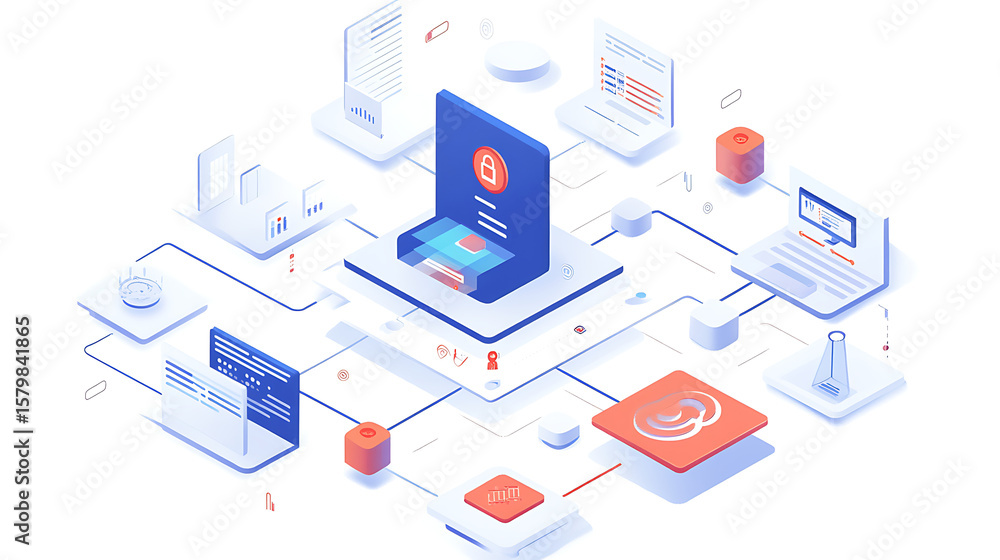 Poster a computer network with a blue lock on it. the lock is surrounded by a red border. the network is ma