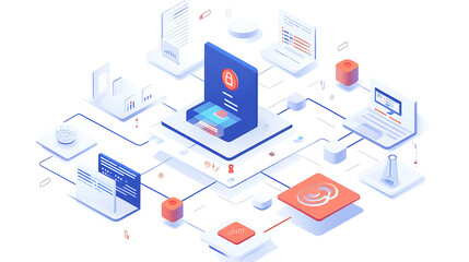 Obraz premium A computer network with a blue lock on it. The lock is surrounded by a red border. The network is made up of many different shapes and sizes, including squares, rectangles, and circles