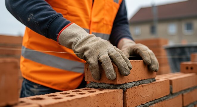 Construction worker in orange safety vest and gloves laying red bricks with mortar on building site with residential background