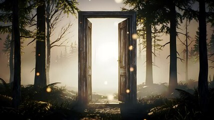 An open wooden doorway glows with light amidst a misty forest setting.