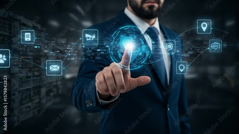 Poster businessman interacting with digital interface showing global network and various icons in dark room