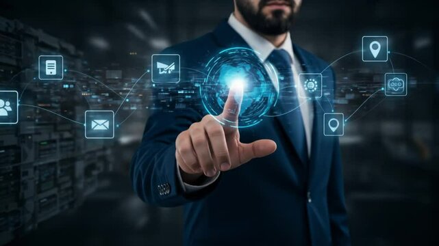Businessman interacting with digital interface showing global network and various icons in dark room - Powered by Adobe