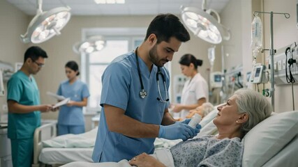 Caring male nurse giving medication to an elderly female patient in a hospital ward. Medical professionals working in a busy intensive care unit providing treatment and support. - Powered by Adobe