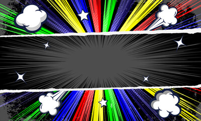 Pop art comic background with torn paper, colorful shine burst and dot halftone effect. Comic book cartoon speech bubble for text. Cartoon colorful burst background for text template.