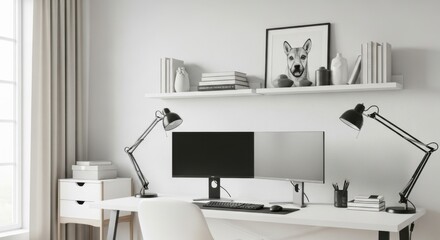 Modern Home Office Setup with Dual Monitors and Desk Lamps