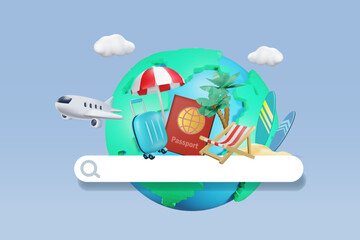 Online web searching bar for travel vacation on world with passport and summer tropical beach. 3D vector.	
