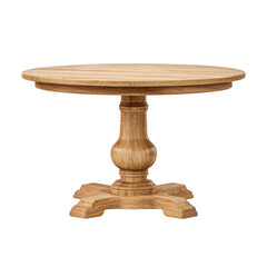 Light-brown wooden round dining table with pedestal base