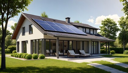 Modern Eco-Friendly House with Solar Panels in a Green Landscape