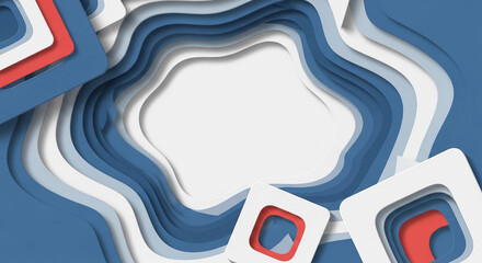 Abstract design with layered, overlapping shapes in shades of blue, white, and red.